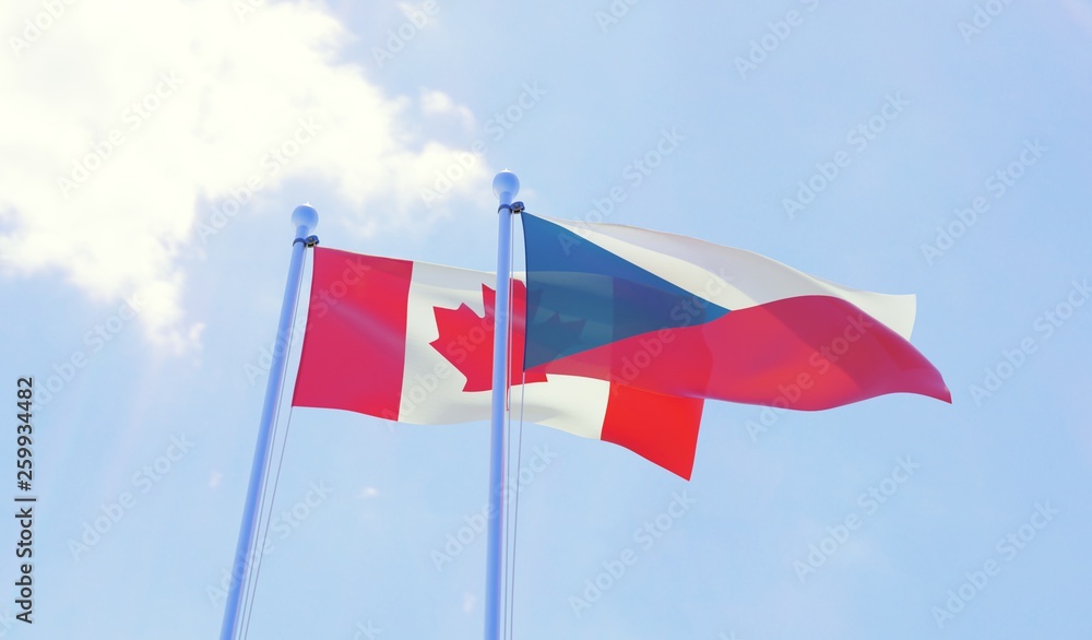 Czech Republic and Canada, two flags waving against blue sky. 3d image Czech Republic and Canada, two flags waving against blue sky. 3d image