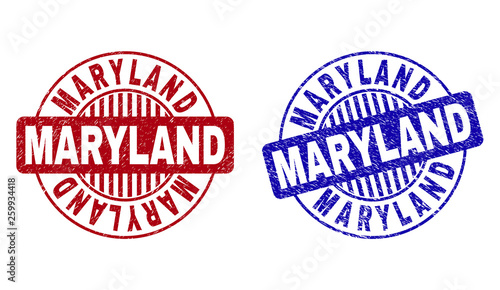 Grunge MARYLAND round stamp seals isolated on a white background. Round seals with grunge texture in red and blue colors. Vector rubber overlay of MARYLAND tag inside circle form with stripes.