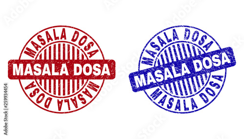 Grunge MASALA DOSA round stamp seals isolated on a white background. Round seals with grunge texture in red and blue colors. Vector rubber imprint of MASALA DOSA tag inside circle form with stripes.