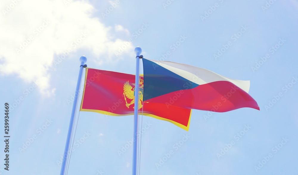Czech Republic and Montenegro, two flags waving against blue sky. 3d image Czech Republic and Montenegro, two flags waving against blue sky. 3d image