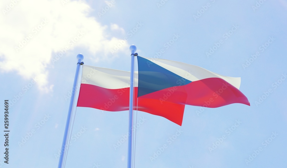 Czech Republic and Poland, two flags waving against blue sky. 3d image Czech Republic and Poland, two flags waving against blue sky. 3d image