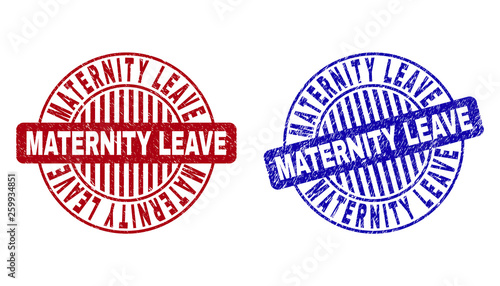 Grunge MATERNITY LEAVE round stamp seals isolated on a white background. Round seals with grunge texture in red and blue colors.
