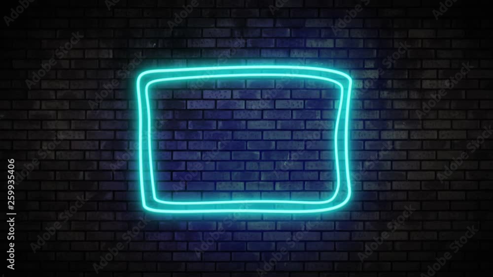 Neon Frame Light on Brick Wall. Night Club Bar Blinking Neon Sign