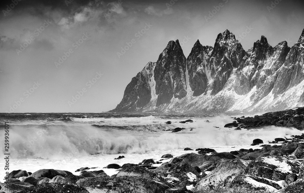 Winter landscape of breathtaking fjords scenery of Senja island in Northern Norway