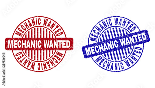 Grunge MECHANIC WANTED round stamp seals isolated on a white background. Round seals with grunge texture in red and blue colors.