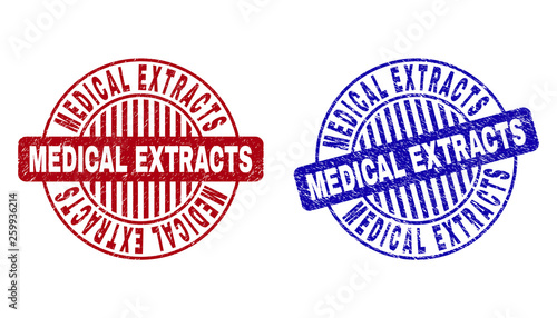 Grunge MEDICAL EXTRACTS round stamp seals isolated on a white background. Round seals with grunge texture in red and blue colors.