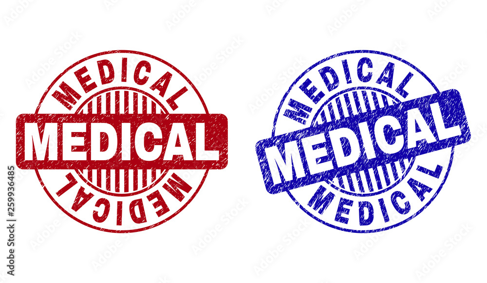 Grunge MEDICAL round stamp seals isolated on a white background. Round seals with grunge texture in red and blue colors. Vector rubber watermark of MEDICAL tag inside circle form with stripes. Grunge MEDICAL round stamp seals isolated on a white background. Round seals with grunge texture in red and blue colors. Vector rubber watermark of MEDICAL tag inside circle form with stripes.