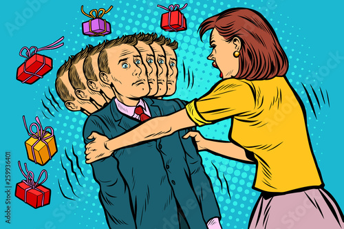 gift requirement The wife shakes her husband. Women and men unequal relations, exploitation