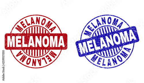Grunge MELANOMA round stamp seals isolated on a white background. Round seals with grunge texture in red and blue colors. Vector rubber watermark of MELANOMA caption inside circle form with stripes.