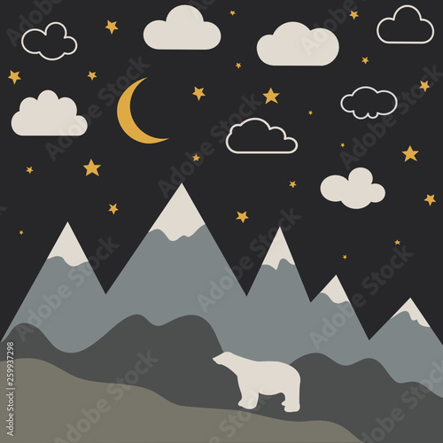 Nacht berglandschap met nieuwe maan en sterren. Babykamer behang