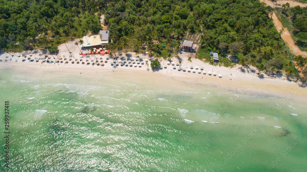 Beautiful aerial view for the beach with white sand and crystal clear water in Phu Quoc island in Sao beach Beautiful aerial view for the beach with white sand and crystal clear water in Phu Quoc island in Sao beach