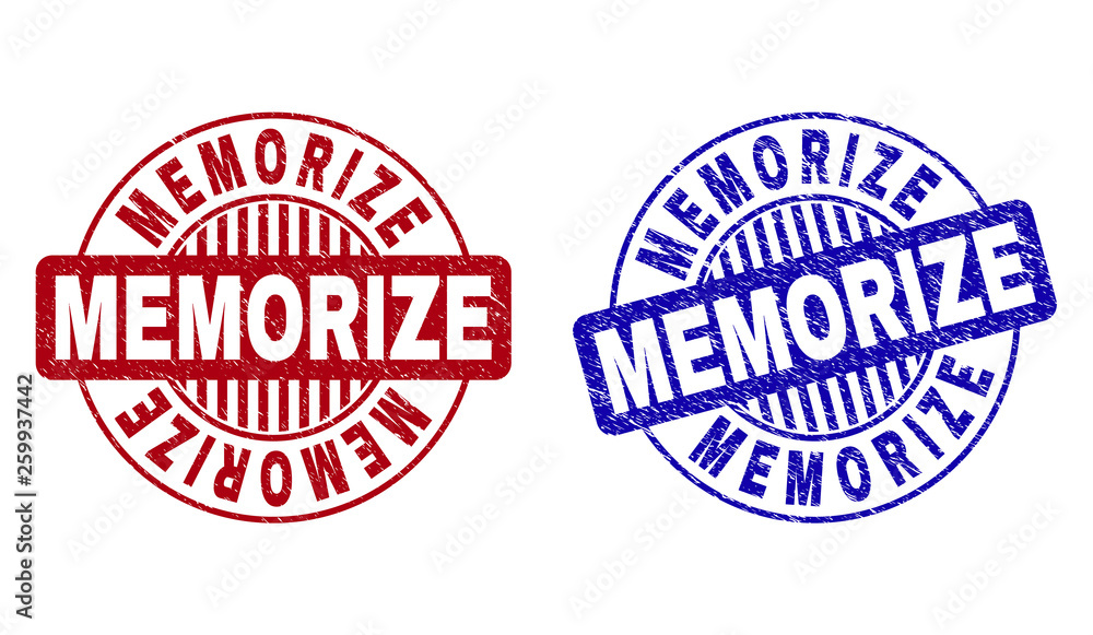 Grunge MEMORIZE round stamp seals isolated on a white background. Round seals with grunge texture in red and blue colors. Vector rubber imitation of MEMORIZE text inside circle form with stripes. Grunge MEMORIZE round stamp seals isolated on a white background. Round seals with grunge texture in red and blue colors. Vector rubber imitation of MEMORIZE text inside circle form with stripes.