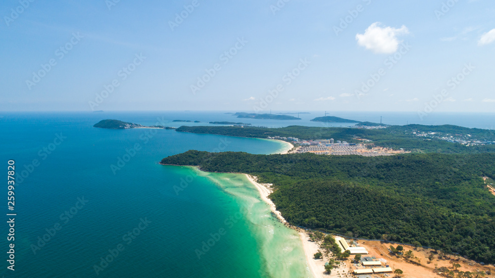 Beautiful aerial view for the beach with white sand and crystal clear water in Phu Quoc island in Sao beach Beautiful aerial view for the beach with white sand and crystal clear water in Phu Quoc island in Sao beach