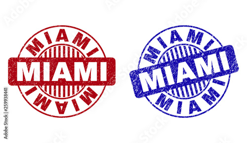 Grunge MIAMI round stamp seals isolated on a white background. Round seals with grunge texture in red and blue colors. Vector rubber imitation of MIAMI label inside circle form with stripes.