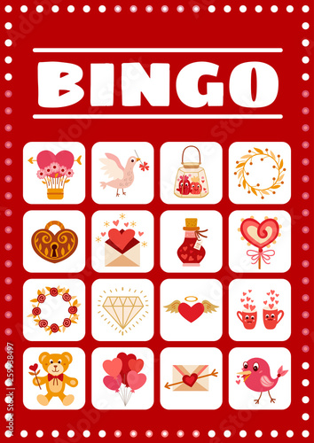 Bingo card for game with love elements in cartoon style.