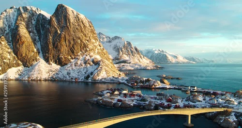 Beautiful aerial over Reine in the Lofoten Islands, Norway