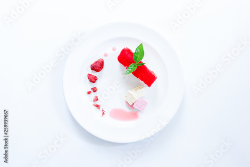 Top view cake strawberry yogurt on white backgrounds