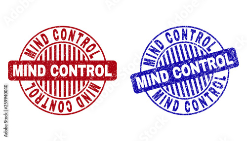 Grunge MIND CONTROL round stamp seals isolated on a white background. Round seals with grunge texture in red and blue colors.