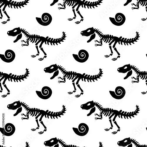 Dinosaur skeleton and fossils. Vector seamless pattern. Original design with t-rex, dinosaur bones. Print for T-shirts, textiles, web. White background.