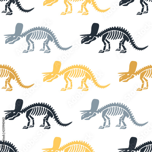 Dinosaur skeleton and fossils. Vector seamless pattern. Original design with triceratops. Print for T-shirts  textiles  web. White background.
