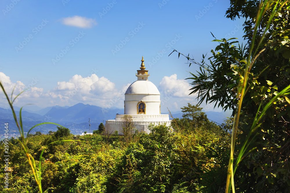 Shanti Stupa (World Peace Pagoda). View of Pokhara valley, Nepal