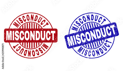 Grunge MISCONDUCT round stamp seals isolated on a white background. Round seals with grunge texture in red and blue colors. Vector rubber imprint of MISCONDUCT tag inside circle form with stripes.