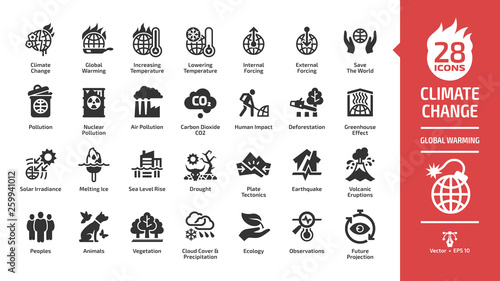 Climate change or global warming glyph icon set with world heat temperature, globe greenhouse effect, air pollution, earth co2 smoke problem, hot sun fire energy and environment save symbols.