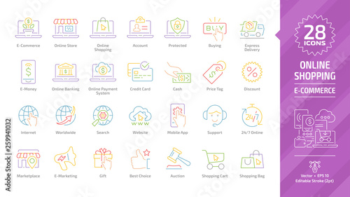 E-commerce, e-money and online shopping editable stroke outline color icon set with digital internet business, mobile sale, payment and banking service, express delivery, web shop and retail line sign