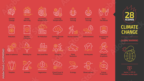Climate change or global warming editable stroke outline icon set on a danger red background with world heat temperature, globe greenhouse effect, pollution, earth co2 smoke and environment save sign.