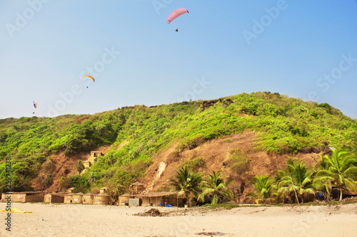 Paragliding over Arambol beach. North Goa, India photo