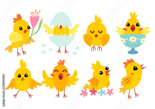 Set of cute cartoon chicken characters for easter design.