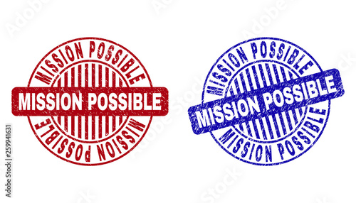 Grunge MISSION POSSIBLE round stamp seals isolated on a white background. Round seals with grunge texture in red and blue colors.