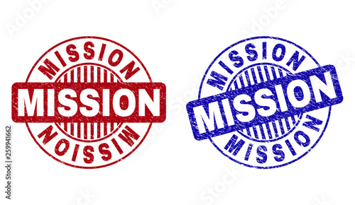 Grunge MISSION round stamp seals isolated on a white background. Round seals with grunge texture in red and blue colors. Vector rubber imprint of MISSION caption inside circle form with stripes.