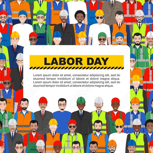Labor day. Group of worker, builder and engineer standing together on white background in flat style. Working team and teamwork concept. Vector seamless pattern. Different nationalities and uniforms.