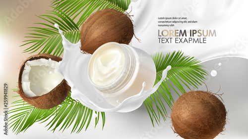 Cosmetic realistic vector background. White jar with organic cream falling in milk splash near cracked coconut with tropic green palm leaves. Mock up promo banner, concept poster for natural cosmetics