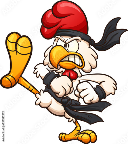 Cartoon chicken throwing a karate kick clip art. Vector illustration with simple gradients. All in a single layer. 