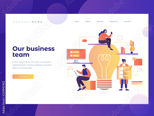 Homepage. The concept of teamwork on the Internet project in the office. Our business team. Landing Page. Name for the site. Vector illustration for web page.