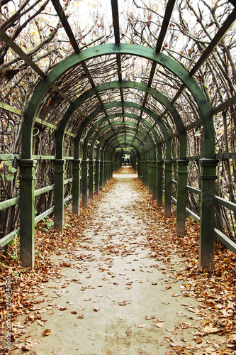 Old wood pergola in the Arkhangelskoye estate. Moscow, Russia