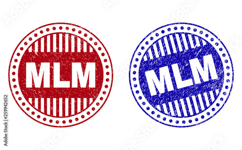 Grunge MLM round stamp seals isolated on a white background. Round seals with grunge texture in red and blue colors. Vector rubber overlay of MLM tag inside circle form with stripes.