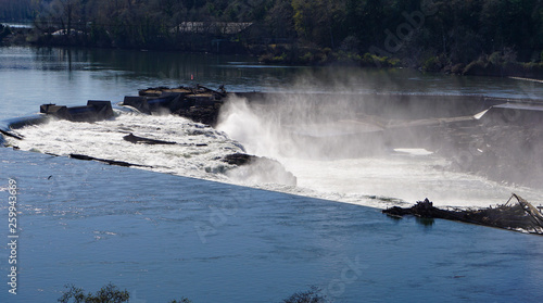 Willamette Falls on the Willamette River in Oregon City, Oregon is a waterfall 40 feet tall, 1,500 feet wide in a horseshoe shape.