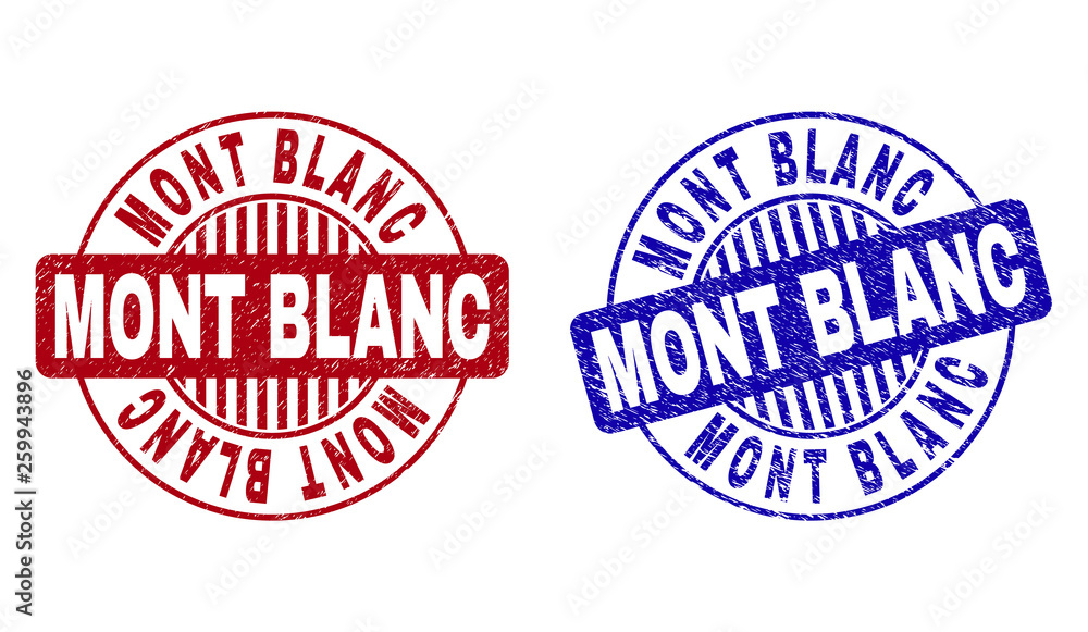 Grunge MONT BLANC round stamp seals isolated on a white background. Round seals with grunge texture in red and blue colors. Vector rubber imitation of MONT BLANC text inside circle form with stripes. Grunge MONT BLANC round stamp seals isolated on a white background. Round seals with grunge texture in red and blue colors. Vector rubber imitation of MONT BLANC text inside circle form with stripes.