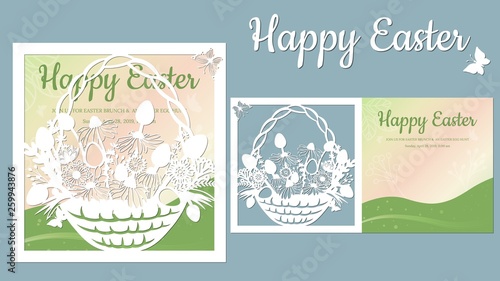 basket, butterfly, dandelion, grass. Paper postcard Easter egg and flowers in basket. Laser cut. postcard template for laser cutting and Plotter. Vector illustration. 