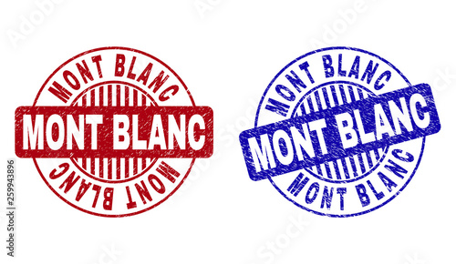 Grunge MONT BLANC round stamp seals isolated on a white background. Round seals with grunge texture in red and blue colors. Vector rubber imitation of MONT BLANC text inside circle form with stripes.