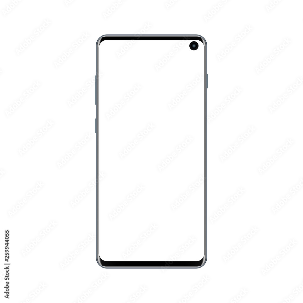 New modern frameless mobile phone mock up with blank screen isolated on white background. Vector illustration New modern frameless mobile phone mock up with blank screen isolated on white background. Vector illustration