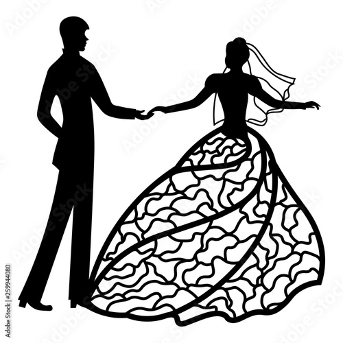 Vector illustration. Template with With the groom and the bride. Pattern for the laser cut, boy and girl. The dancing couples. Dress with pattern. photo