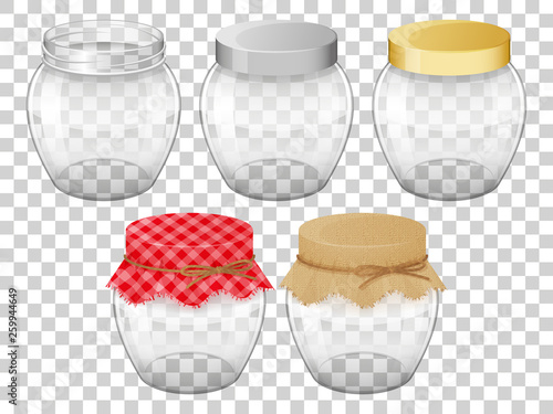 Set of empty glass jars with lid for home made and jam. Realistic style. Vector illustration. Transparent background.