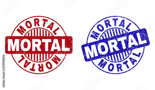 Grunge MORTAL round stamp seals isolated on a white background. Round seals with grunge texture in red and blue colors. Vector rubber imprint of MORTAL text inside circle form with stripes.