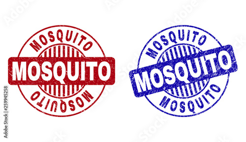 Grunge MOSQUITO round stamp seals isolated on a white background. Round seals with distress texture in red and blue colors. Vector rubber imprint of MOSQUITO label inside circle form with stripes.