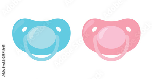 Child pacifier. Baby nipple set, blue and pink. Baby care equipment. photo