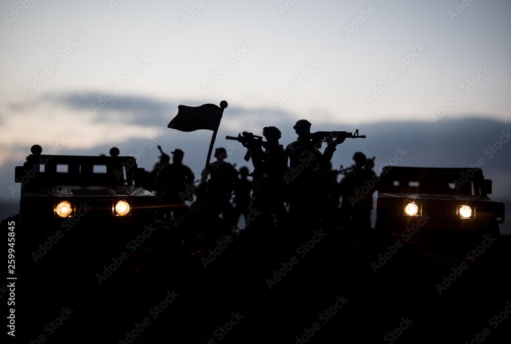 Military patrol car on sunset background. Army war concept. Silhouette ...